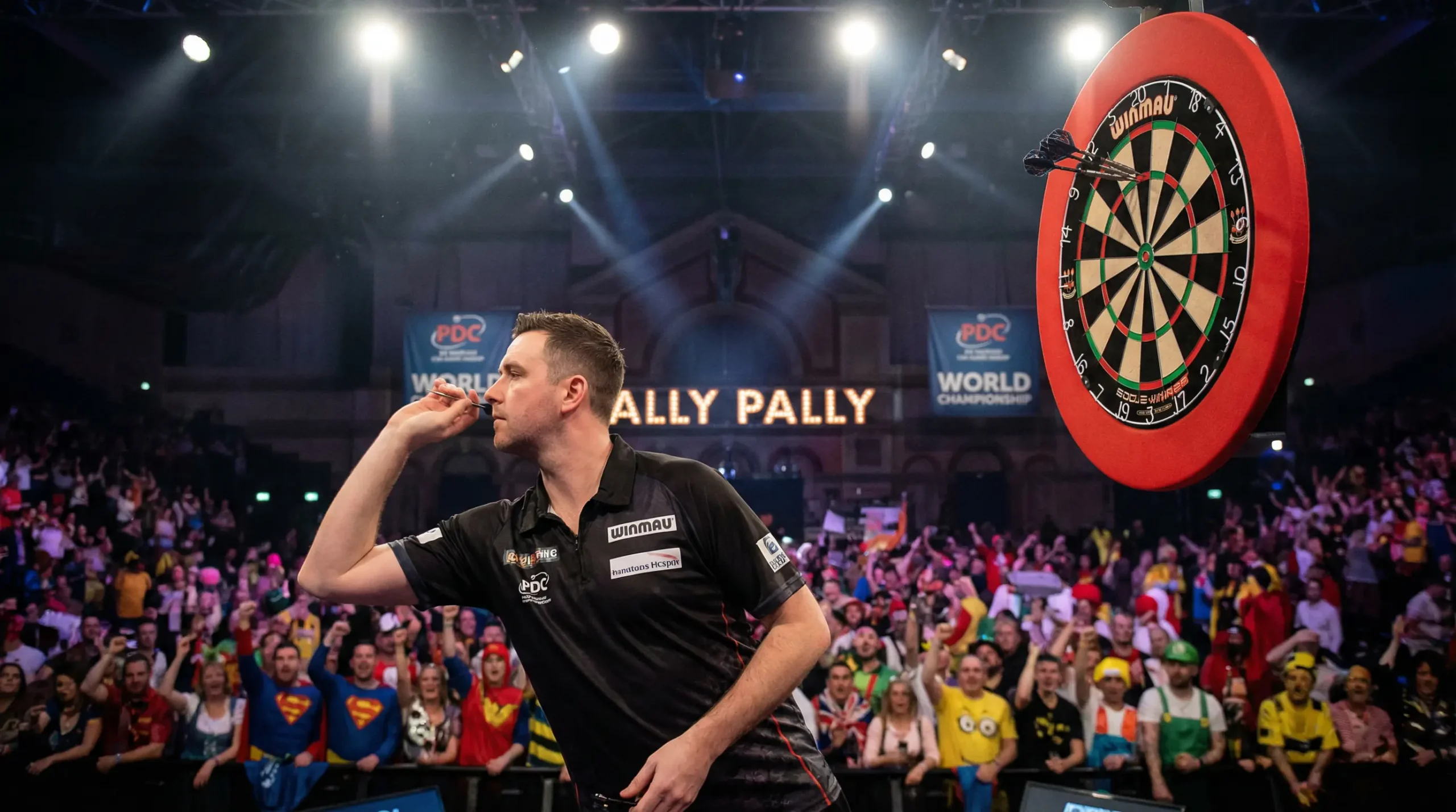 Dartscheibe mit Pfeilen in konzentrierter Wurfposition im Alexandra Palace