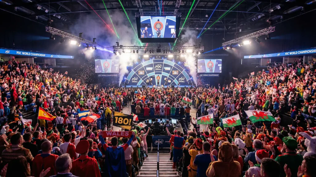 Alexandra Palace Innenansicht mit Darts-Buehne und Publikum