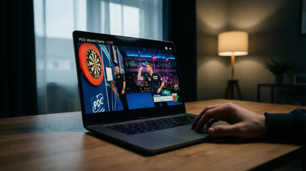 Laptop mit Darts-Livestream auf dem Bildschirm