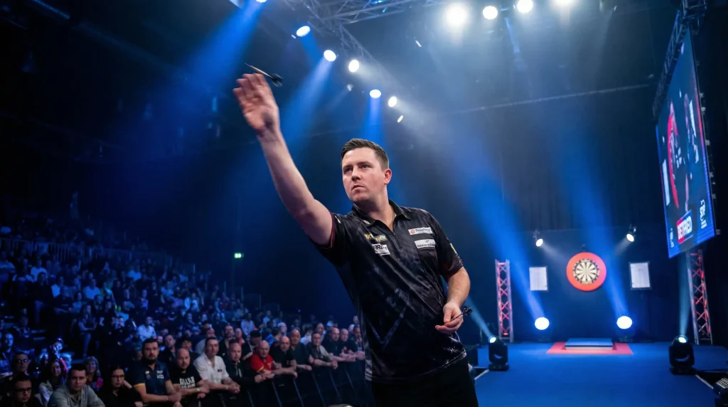 Darts-Spieler in Aktion bei Live-Match mit dynamischer Beleuchtung