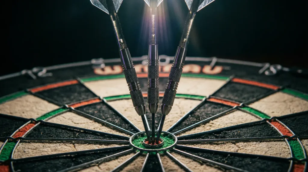 Dartpfeile im Triple-20-Segment einer professionellen Dartscheibe