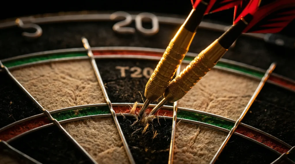Nahaufnahme von Darts im Triple-20-Segment eines professionellen Dartboards