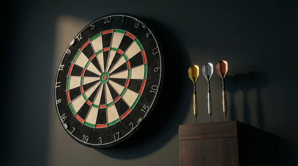 Professionelles Dartboard mit Pfeilen und Fokus auf Triple-20