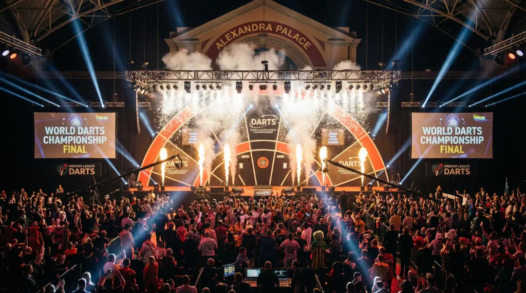 Darts WM Finale Buehne mit voller Beleuchtung