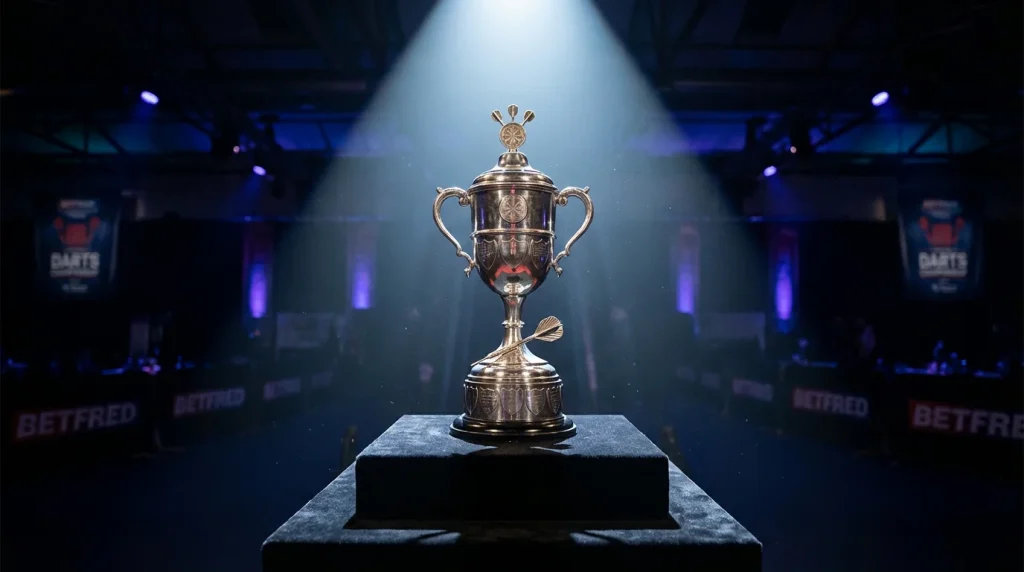 PDC Darts WM Trophaee mit Siegerpokal auf der Buehne