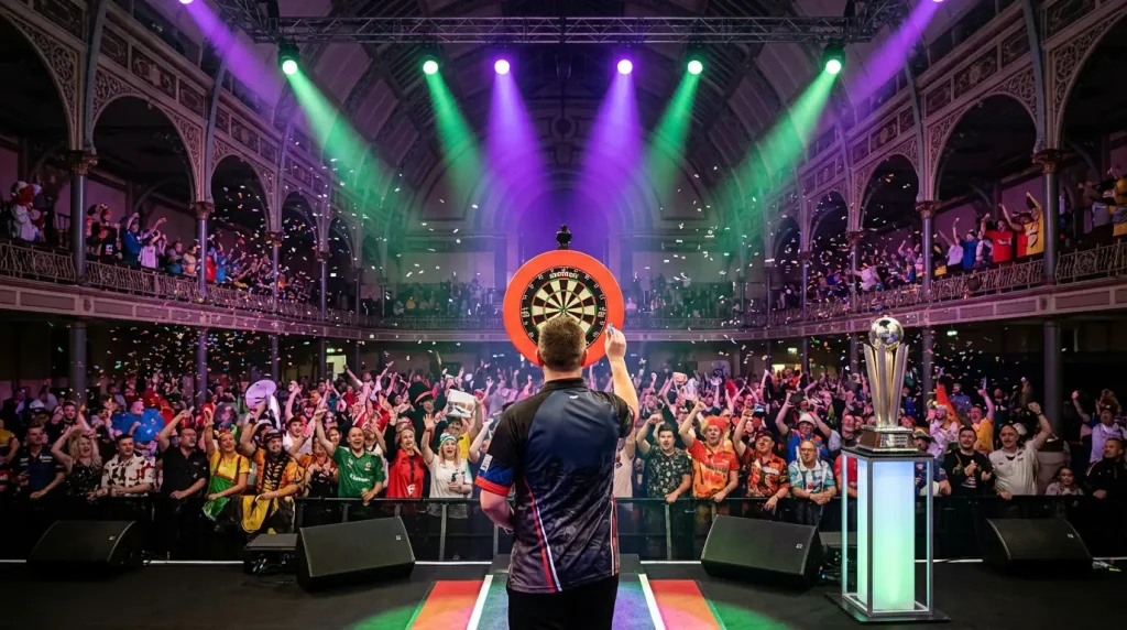 Darts-WM im Alexandra Palace mit Spieler am Oche und Publikum