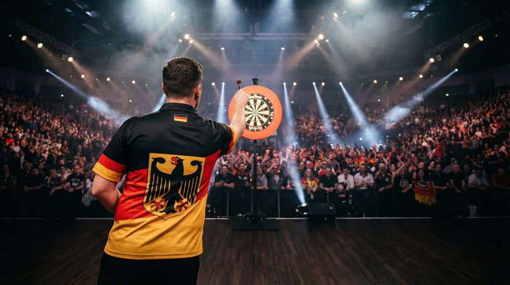 Deutscher Darts-Spieler mit Deutschland-Trikot am Oche