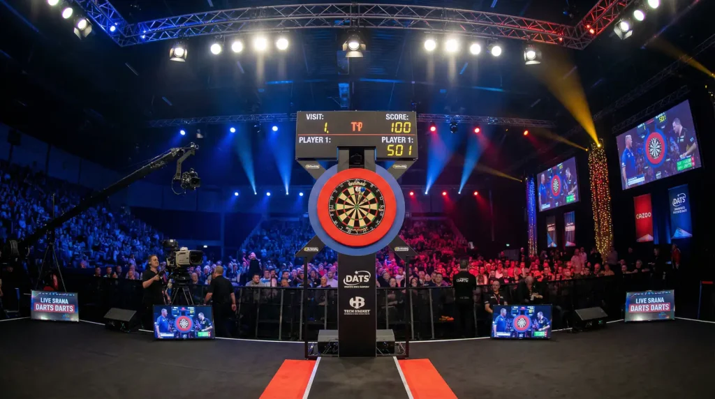 Dartscheibe mit drei Pfeilen nach dem ersten Wurf
