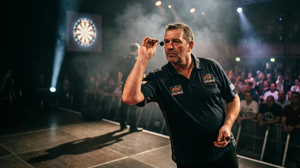 Darts-Spieler am Oche mit konzentrierter Koerpersprache