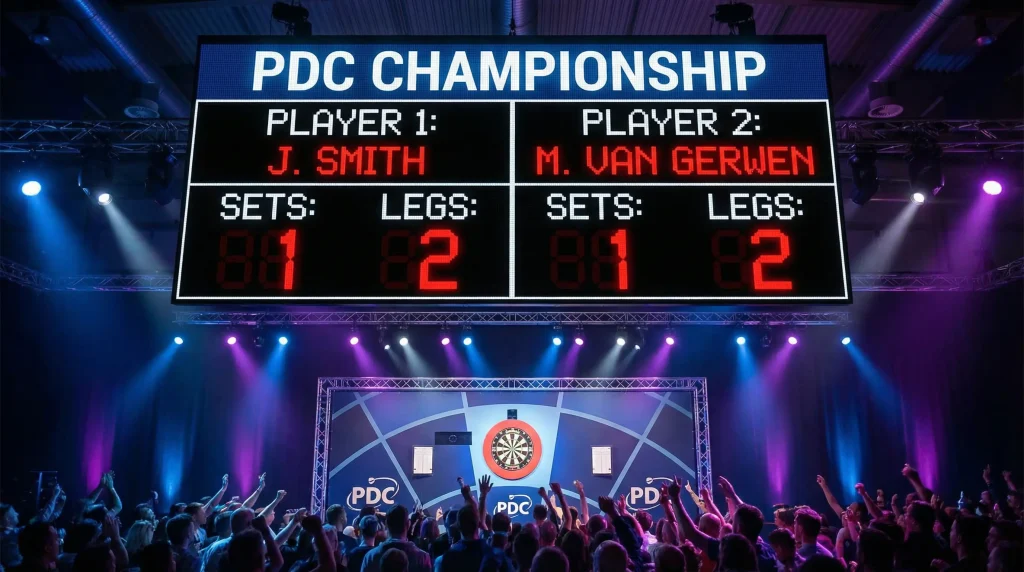 Elektronische Anzeigetafel mit Set-Spielstand bei einem Darts-Match